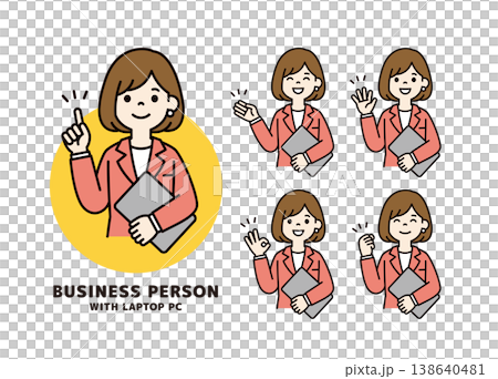 ラップトップPCを持って説明・紹介する、ビジネスウーマンの上半身ベクターイラスト素材セット 138640481