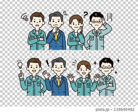 困りごとが解決した、社長と作業服を着た男女の社員・従業員の上半身ベクターイラスト素材セット 138640482