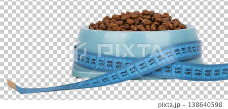 Pet food bowl with measuring tape isolated on transparent background Pet food bowl with measuring tape isolated on transparent background 138640598