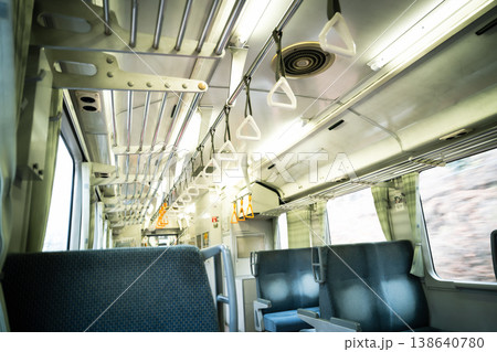 誰もいないローカル線の車内 ボックス席とつり革が並ぶレトロでノスタルジックな風景 誰もいないローカル線の車内 ボックス席とつり革が並ぶレトロでノスタルジックな風景 138640780