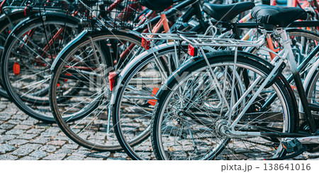 Parked Bicycles on a Cobblestone Street in Helsinki 138641016