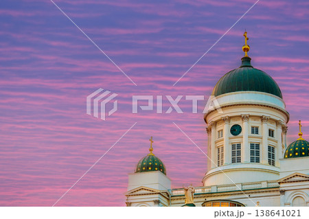 Helsinki Cathedral Domes Under a Purple Sunset Sky 138641021