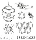 Hand-drawn graphic collection of honeycombs, bees and beehive isolated on white background for product design or packaging 138641022