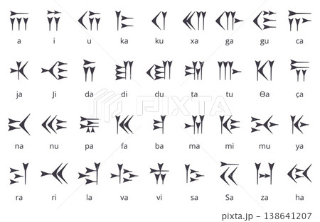 Cuneiform letters. Ancient writing system, calligraphy of persian or sumerian nationalities. Alphabet on stone, clay wall. Archeological elements, nowaday vector symbols 138641207