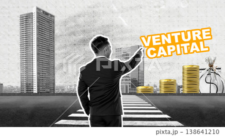 Businessman pointing at Venture Capital text in a collage with skyscrapers, stacks of gold coins, and a money bag, representing startup investment and financial growth strategies 138641210