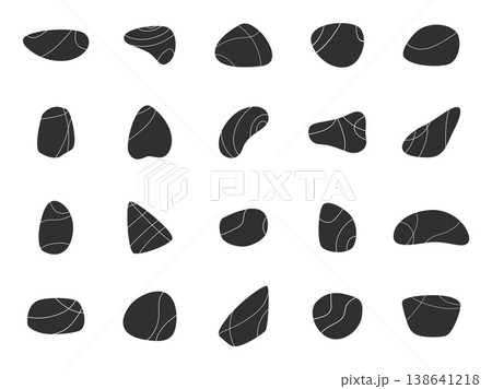 Black pebble stones. Decorative grey stone different shapes with white lines. Natural pebbles, spa emblem elements, underwater objects, cut nowaday vector set 138641218