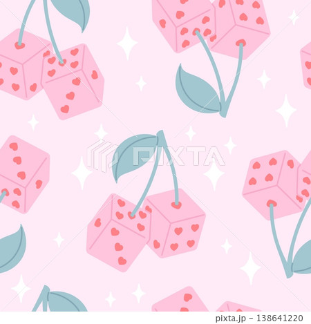 Dice seamless pattern. Cherry dices with hearts and leaf. Creative art girly print for textile fabric wallpaper design. Fashion template, racy vector background Dice seamless pattern. Cherry dices with hearts and leaf. Creative art girly print for textile fabric wallpaper design. Fashion template, racy vector background 138641220