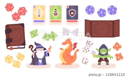 Rpg games elements. Board play accessories, plastic dices and character. Figures or wizard, troll or orc, dragon. Play cards, magic book of rules, racy vector clipart Rpg games elements. Board play accessories, plastic dices and character. Figures or wizard, troll or orc, dragon. Play cards, magic book of rules, racy vector clipart 138641228