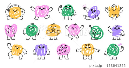 Funny scribble doodle characters. Colorful emotional art elements, abstract character different poses. Groovy mascots with flower, hearts, racy vector creative set 138641233