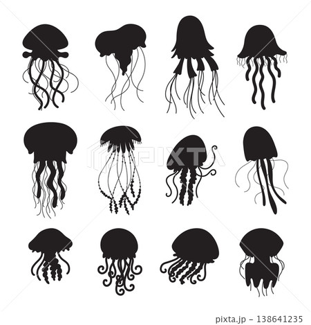 Jellyfish black silhouettes. Ocean underwater animals, silhouette of sea creatures. Nautical characters for cut, different wall stickers shapes, classy vector set 138641235