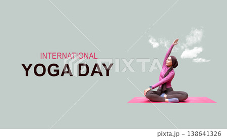 International Yoga Day featuring a Indonesian southeast asian muslim woman in a hijab practicing yoga seated on a mat, set against a simple background with clouds International Yoga Day featuring a Indonesian southeast asian muslim woman in a hijab practicing yoga seated on a mat, set against a simple background with clouds 138641326