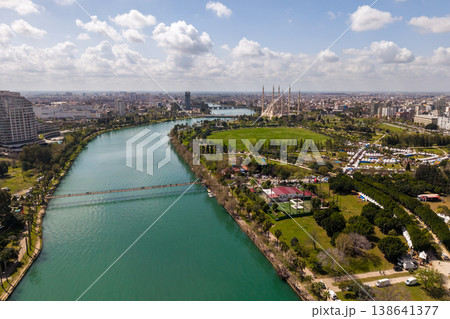 Aerial View of Adana Seyhan River and Sabanci Central Mosque with Cityscape Aerial View of Adana Seyhan River and Sabanci Central Mosque with Cityscape 138641377
