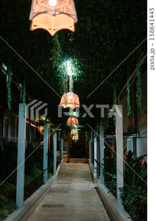 Elegant Hotel Walkway with Hanging Lamps and Greenery at Night 138641445
