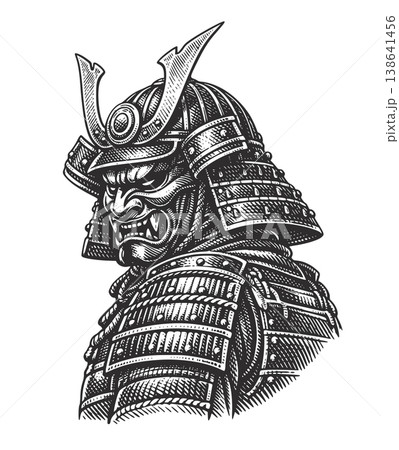 Japanese Samurai Warrior in Traditional Armor and Oni Mask, Engraving Style Vector Art 138641456