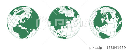 World map globes vector set with three different views of continents in green color and geographic grid for travel and business World map globes vector set with three different views of continents in green color and geographic grid for travel and business 138641459
