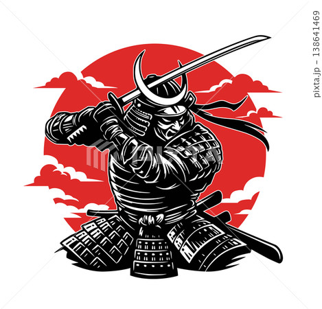 Japanese Samurai Warrior with Katana Sword and Red Sun Background. 138641469
