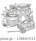 Hand-drawn graphic detailed illustration of bee and jar of fresh honey, honeycombs, dipper and vanilla flowers for packaging 138641533