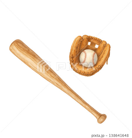 野球用木製バットとグローブ 水彩イラスト  138641648