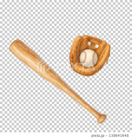 Wooden baseball bat and glove (watercolor illustration) 138641648