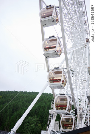 Large ferris wheel stands above green trees on a clear day during daytime in an amusement park setting Large ferris wheel stands above green trees on a clear day during daytime in an amusement park setting 138641697