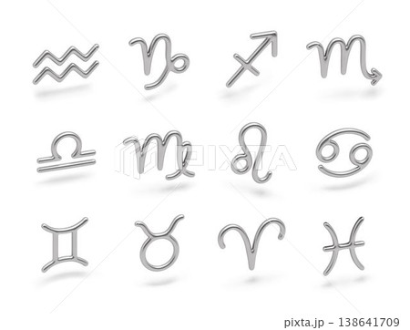 3D silver zodiac signs set isolated on white background. Star signs astrology horoscope. Realistic zodiac silver symbols. Astrological calendar collection, horoscope constellation vector illustration. 3D silver zodiac signs set isolated on white background. Star signs astrology horoscope. Realistic zodiac silver symbols. Astrological calendar collection, horoscope constellation vector illustration. 138641709