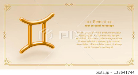 Gemini horoscope prediction. Monthly astrology forecast. 3D realistic golden zodiac sign, line frame and text about Gemini. Mystical vector design of yearly horoscope. 138641744