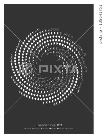 Spiral Lunar Cycle Calendar, 2027. Astronomy round dairy. Banner of the monthly cycle of the Moon. Vector illustration. The Lunar round calendar. Print ready poster With black background. 138641751