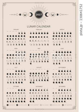 Monthly Moon Diary for the year 2027, template. Astrology, astronomical lunar shadow, full cycle from new to full moon pocket calendar, lunar map vector illustration Monthly Moon Diary for the year 2027, template. Astrology, astronomical lunar shadow, full cycle from new to full moon pocket calendar, lunar map vector illustration 138641752
