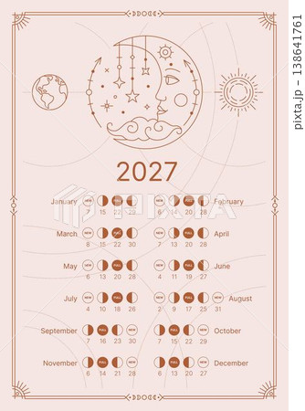 Lunar planner for the year 2027. Astronomical Moon Phase Planner. Astrological lunar activity phases, map. The Lunar calendar is isolated on a pastel background. Vector illustration 138641761