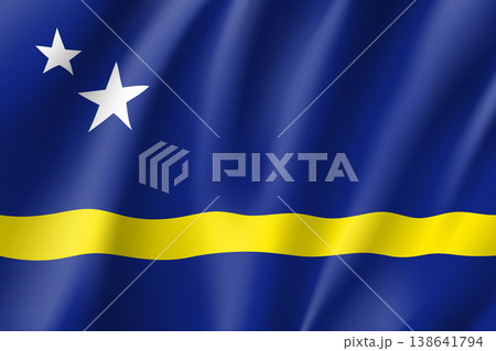 Waving national flag of Curacao island. Patriotic symbol in official country colors. Illustration of Caribbean state flag. Vector icon Waving national flag of Curacao island. Patriotic symbol in official country colors. Illustration of Caribbean state flag. Vector icon 138641794