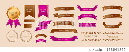 リボンの装飾デザインセットとアンティークな罫線やフレームデザイン 138641855