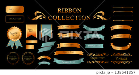 リボンの装飾デザインセットとアンティークな罫線やフレームデザイン 138641857