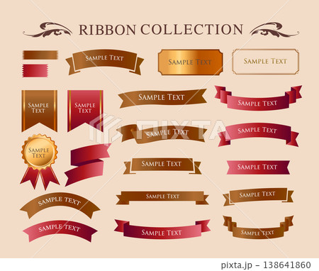 リボンの装飾デザインセットとアンティークな罫線やフレームデザイン 138641860