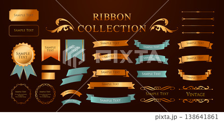 リボンの装飾デザインセットとアンティークな罫線やフレームデザイン 138641861