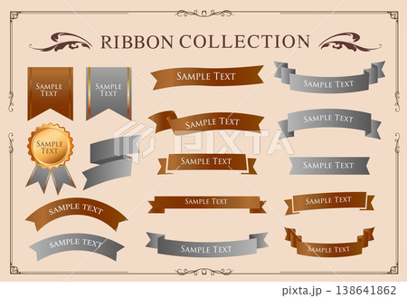 リボンの装飾デザインセットとアンティークな罫線やフレームデザイン 138641862