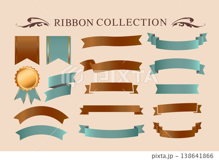 リボンの装飾デザインセットとアンティークな罫線やフレームデザイン 138641866
