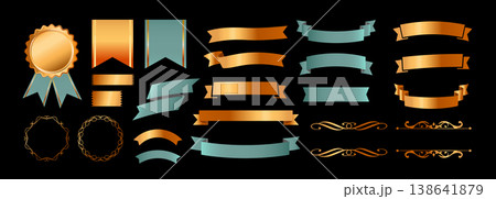 リボンの装飾デザインセットとアンティークな罫線やフレームデザイン 138641879
