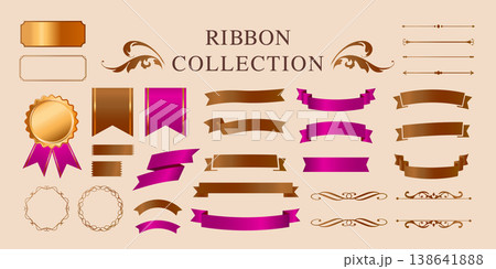 リボンの装飾デザインセットとアンティークな罫線やフレームデザイン 138641888