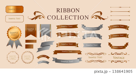 リボンの装飾デザインセットとアンティークな罫線やフレームデザイン 138641905