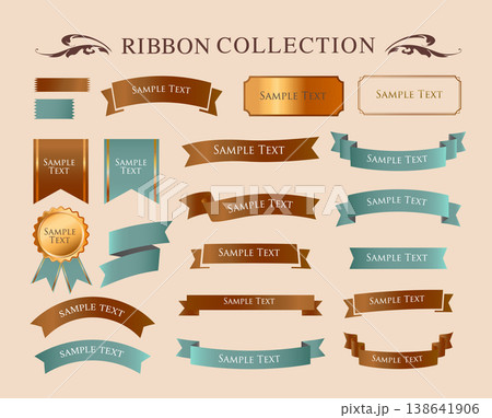 リボンの装飾デザインセットとアンティークな罫線やフレームデザイン 138641906