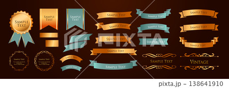 リボンの装飾デザインセットとアンティークな罫線やフレームデザイン 138641910