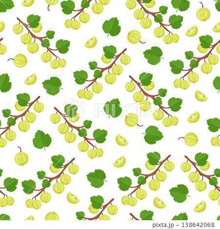 Seamless gooseberry pattern with green berries, leaves and branches, fresh summer fruit background, hand drawn flat vector repeat for fabric, wallpaper 138642068