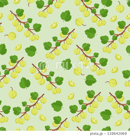 Seamless gooseberry pattern with green berries, leaves and branches, fresh summer fruit background, hand drawn flat vector repeat for fabric, wallpaper 138642069
