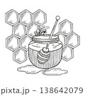 Hand-drawn graphic detailed illustration, ready to use composition with honeycombs, honey dipper and bee and jar of fresh honey 138642079