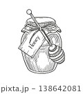 Hand-drawn graphic detailed illustration of jar of honey and honey dipper for ingredients, packaging, healthcare products 138642081