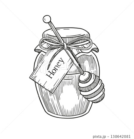Hand-drawn graphic detailed illustration of jar of honey and honey dipper for ingredients, packaging, healthcare products Hand-drawn graphic detailed illustration of jar of honey and honey dipper for ingredients, packaging, healthcare products 138642081
