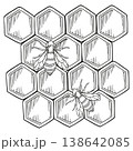 Hand-drawn graphic composition of honeycombs and bees on white background for product design, packaging, healthcare products 138642085