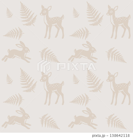 Forest Pattern  Deer Rabbit and Fern Leaves 138642118