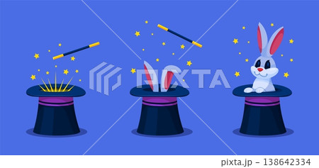 Rabbit magician cylinder. Magic hat with bunny, wizard trick hare ears in illusionist cap circus show wand illusion fantasy appear animal surprise qualitative vector illustration 138642334