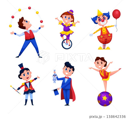 Kids circus characters. Children carnival artists, little magician child juggler boy acrobat girl cartoon cute character kid clown attraction show qualitative vector illustration Kids circus characters. Children carnival artists, little magician child juggler boy acrobat girl cartoon cute character kid clown attraction show qualitative vector illustration 138642336